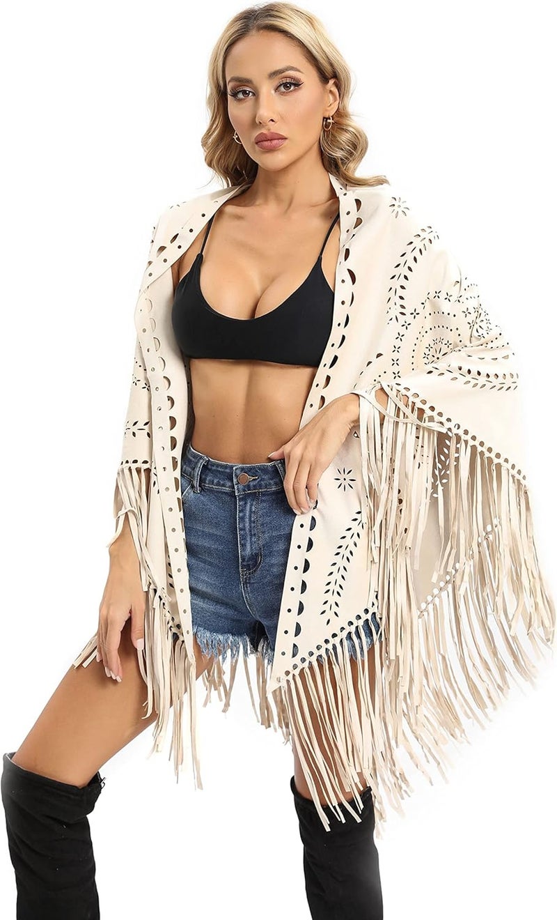 Datangep Store Fashion Women's Faux Suede Laser Cut Triangle Stoles Cape Shrug Scarf With Tassel Shawls - Image 1